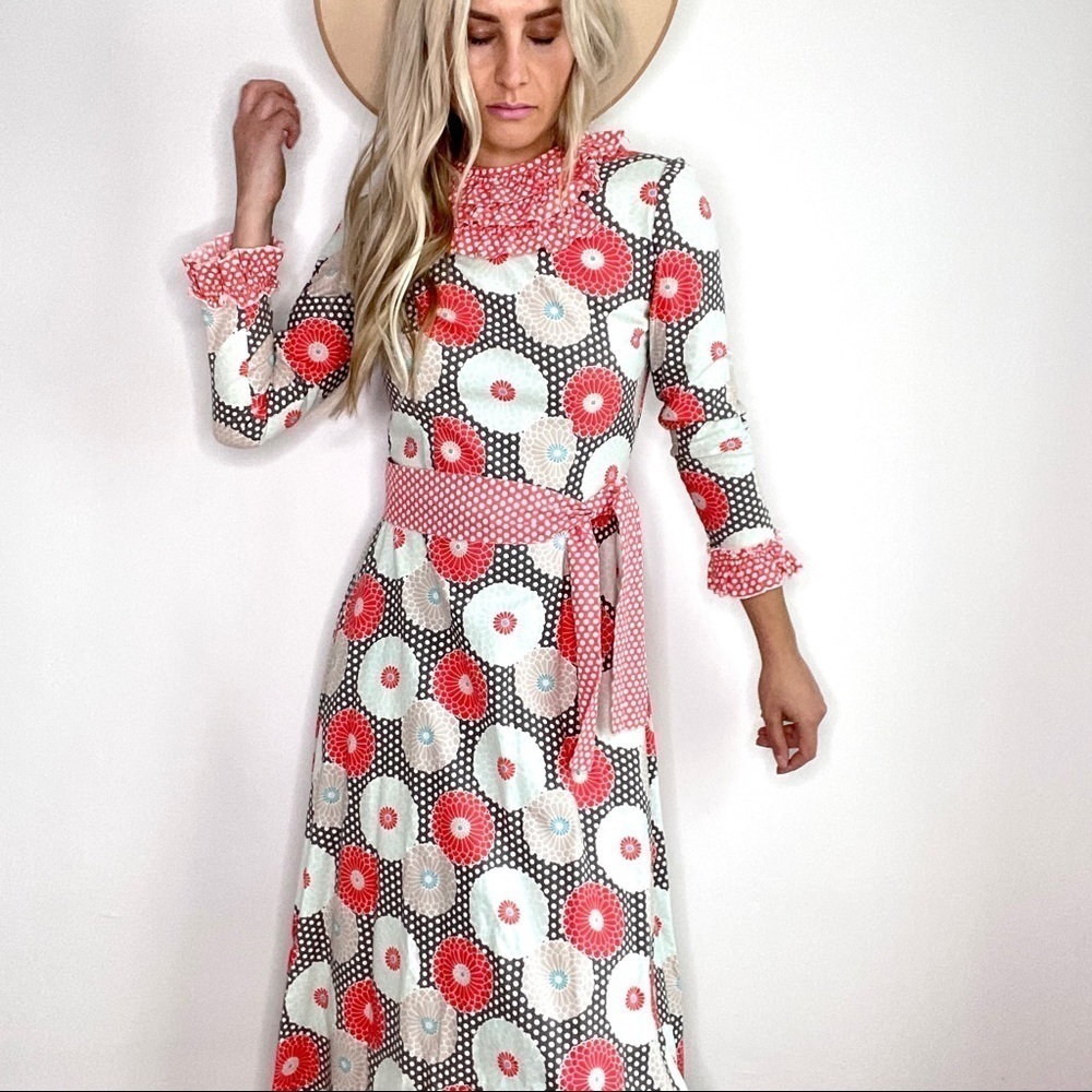 Vintage Red Orange, Light Blue, Brown Floral & Dot Cottagecore Maxi Dres…